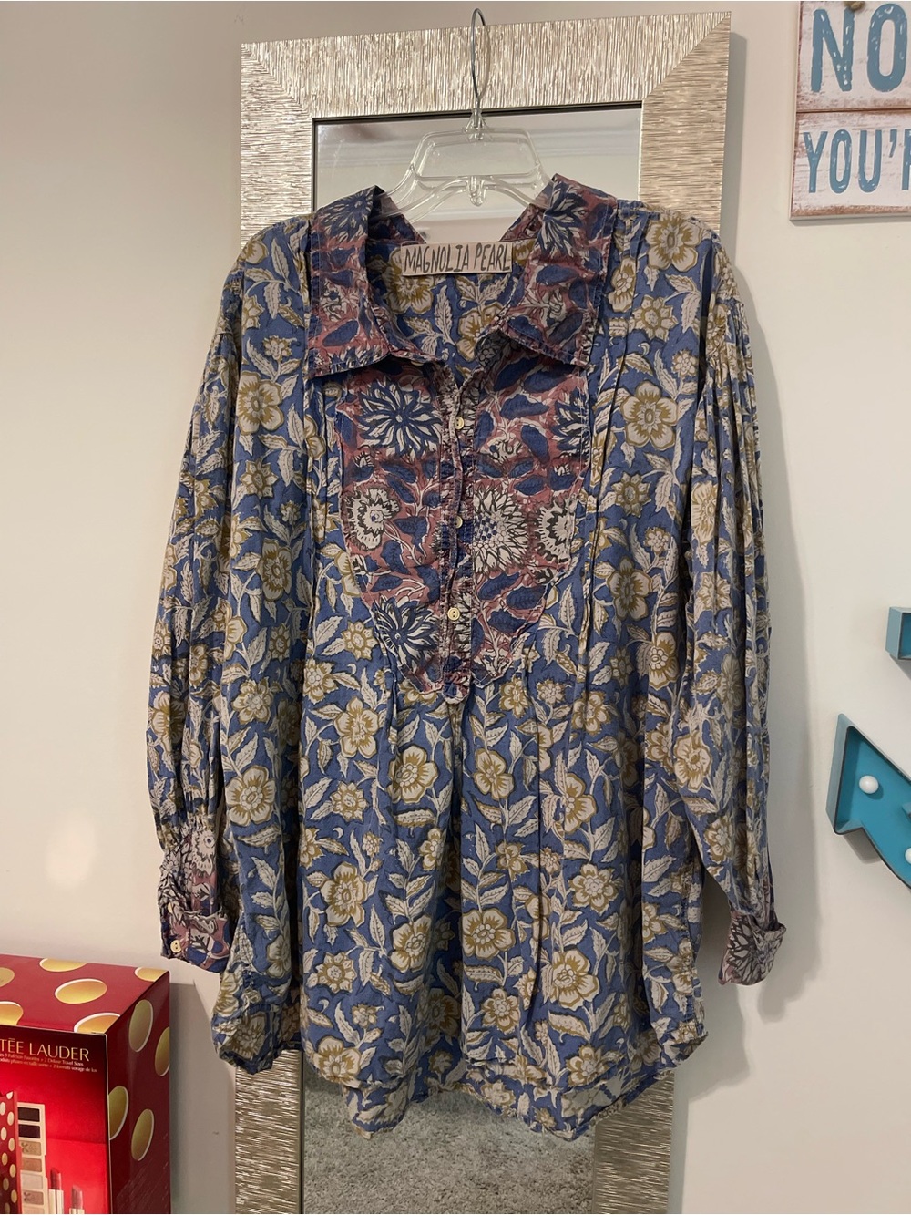 Magnolia Pearl Floral Button-Up Shirt in Blue, Pink and Gold